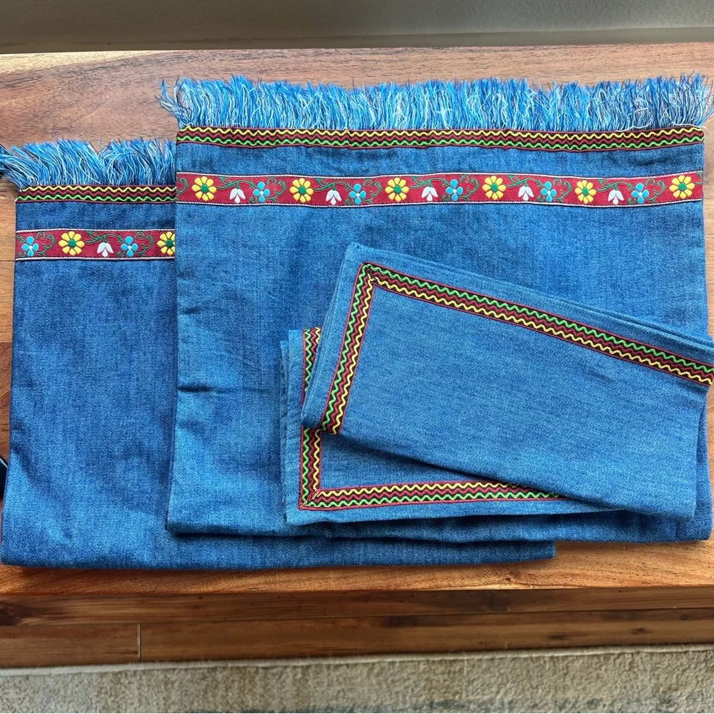 Vintage Boho Denim Placemats Napkins Set Fringe Farmhouse Table Decor NWT
